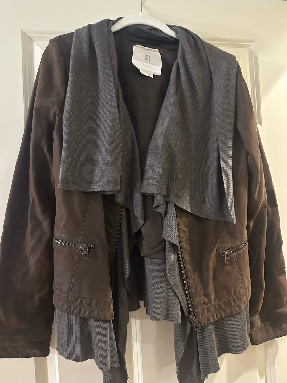 Layered Brown Leather Jacket with Gray Knit Shawl Collar - Elevate Your Look